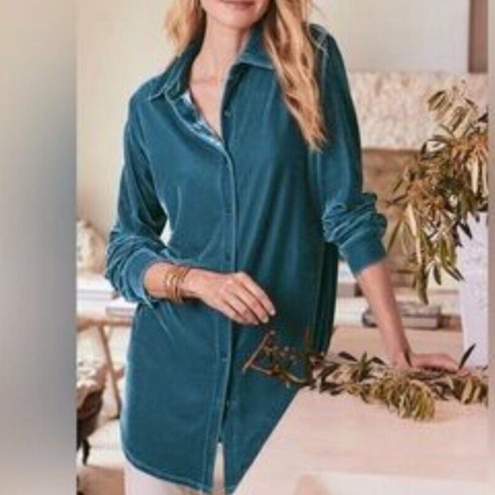 Soft Surroundings teal Gray Women's velvet long sleeves plus tunic Top 1X